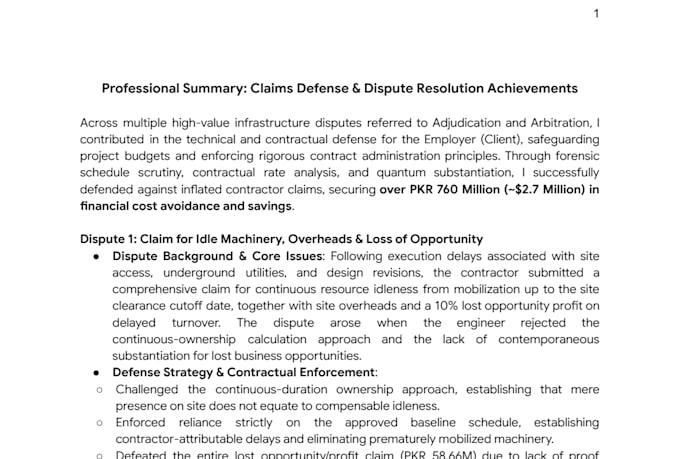 provide fidic contract administration, claims and dispute support